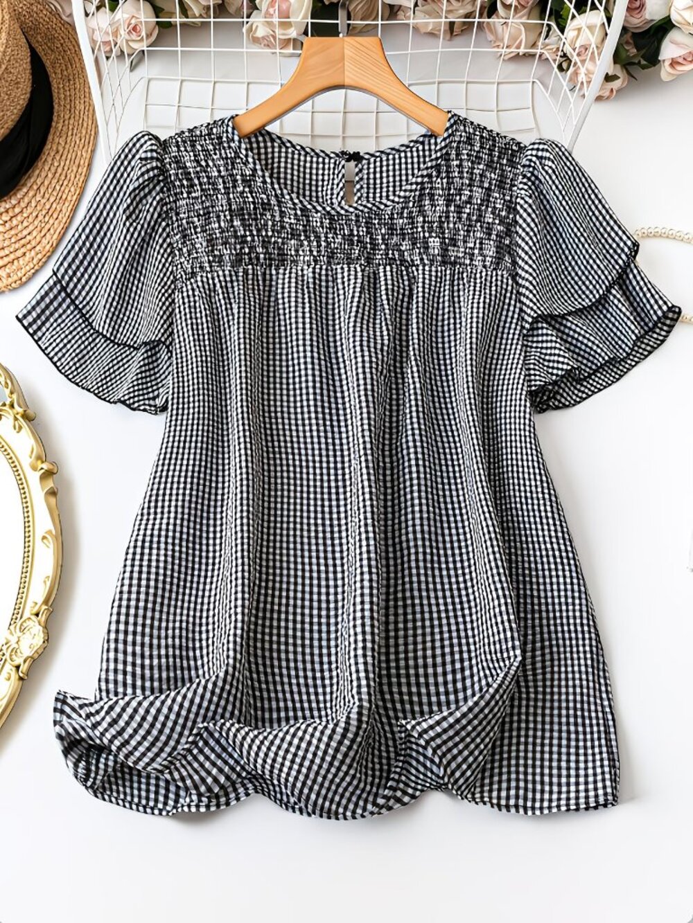 Lightweight black white gingham tunic top 2X NEW flutter sleeve